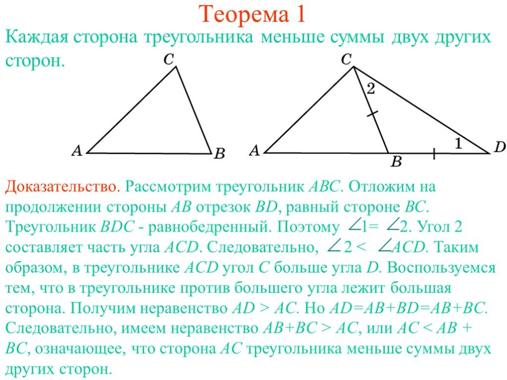Длина каждой стороны треугольника меньше суммы. Доказательство неравенства треугольника 7 класс. Теорема о неравенстве треугольника 7 класс. Каждая сторона треугольника. Каждая сторона треугольника меньше суммы двух других сторон.