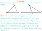 Теорема 1. Каждая сторона треугольника меньше суммы двух других сторон. Доказательство. Рассмотрим треугольник АВС. Отложим на продолжении стороны АВ отрезок ВD, равный стороне ВС. Треугольник ВDC - равнобедренный. Поэтому 1= 2. Угол 2 составляет часть угла ACD. Следовательно, 2 < ACD. Таким обра