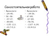 Самостоятельная работа. Вычислите -24-45; 56 -96: -57-17; -89+89; -1,05 -2,3; -23,7+5,3. Вычислите - 34-56; 67-89; -67-89; -78+78; - 2,67- 6,34; -13,4+5,6.