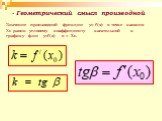 Значение производной функции y= f(x) в точке касания Х0 равно угловому коэффициенту касательной к графику ф-ии y=f(x) в т Х0. - Геометрический смысл производной