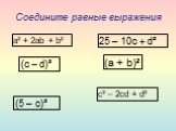 Соедините равные выражения. a² + 2ab + b² c² – 2cd + d² (c – d)² (a + b)² (5 – c)² 25 – 10c + d²