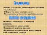 Найти и изучить информацию о объекте исследования Оформить свои исследования Познакомить учеников с исследованиями. Изучение литературы и интернет ресурсов, Анкетирование школьников , Проведение анализа данных, Проведение исследования ассортимента круп в магазинах города. Способы исследования. Задач