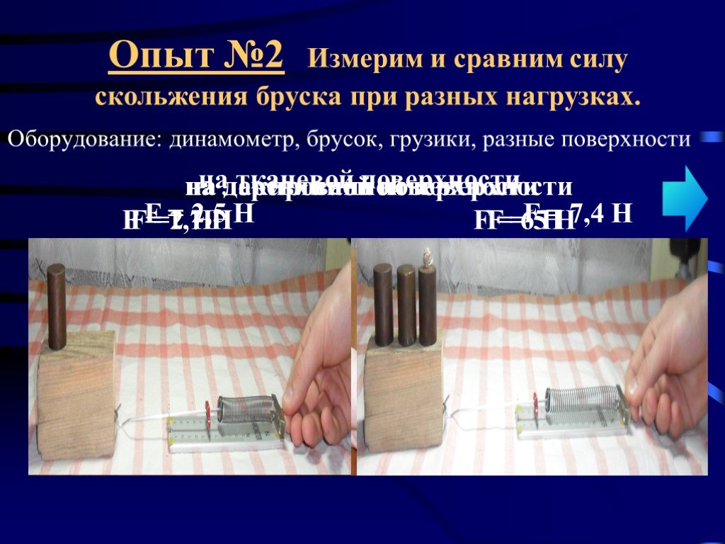 Опыт на силу скольжения. Брусок с разными силами трения. При скольжении бруска по поверхности его сила. Измерение времени соскальзывания бруска. Сравни силы трения при разных нагрузках.