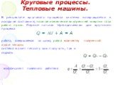 В результате кругового процесса система возвращается в исходное состояние, полное изменение внутренней энергии газа равно нулю. Первое начало термодинамики для кругового процесса. Q = U + A = A. работа, совершаемая за цикл, равна количеству полученной извне теплоты. система может теплоту как получа