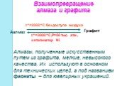 Взаимопревращение алмаза и графита. Аалмаз. t=2000C без доступа воздуха. t=3000C,Р=50 тыс. атм., катализатор Ni. Алмазы, полученные искусственным путем из графита, мелкие, невысокого качества. Их используют в основном для технических целей, а под названием фиониты – для ювелирных украшений.