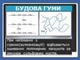 БУДОВА ГУМИ. При нагріванні з сіркою(вулканізаціїї) відбувається зшивання полімерних ланцюгів за рахунок сульфідних мостів.