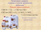 Химические реакции, лежащие в основе применения ацетилена Реакции присоединения: CH≡CH + Cl2 → CHCl ═ CHCl CHCl ═ CHCl + Cl2 → CHCl2 − CHCl2 1,1,2,2-тетрахлорэтан (получение органических растворителей)