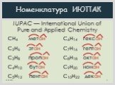 IUPAC — International Union of Pure and Applied Chemistry. Номенклатура ИЮПАК. СН4 метан С2H6 этан C3H8 пропан C4H10 бутан C5H12 пентан. C6H14 гексан C7H16 гептан C8H18 октан C9H20 нонан C10H22 декан
