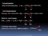 Гидрирование: CH2 CH-CH2-CH3 + H2 →. CH2 – CH -CH2-CH3. Галогенирование: CH2 ── CH –CH2-CH3 + Br2 →. Н CH2 ─ CH ─ CH2 ─ CH3 Br. Мягкое окисление: CH2 ─ CH2 + [ O] + H2O→. CH ─ CH OH. Глубокое окисление: CH3─CH ─ CH─CH3 +KMnO4+HNO3→. 2 CH3─C O