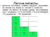 Легкие металлы. металлы 3-5 период главных подгрупп: алюминий Al, галлий Ga, индий In, таллий Tl, олово Sn, свинец Pb, висмут Bi (кроме сурьмы Sb и германия Ge) + элементы 113 унунтрий, 114 унунквадий, 115 унунпентий, 116 унунгексий.