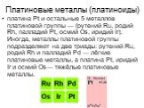 Платиновые металлы (платиноиды). платина Pt и остальные 5 металлов платиновой группы — (рутений Ru, родий Rh, палладий Pt, осмий Os, иридий Ir). Иногда, металлы платиновой группы подразделяют на две триады: рутений Ru, родий Rh и палладий Pd — лёгкие платиновые металлы, а платина Pt, иридий Ir и осм