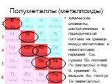 Полуметаллы (металлоиды). химические элементы, расположенные в периодической системе на границе между металлами и неметаллами : германий Ge, сурьма Sb, полоний Po (металлы) и бор В, кремний Si, мышьяк As, теллур Te (неметаллы).