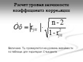 Расчет уровня значимости коэффициента корреляции. Величина Тф проверяется на уровень значимости по таблице для t-критерия Стьюдента