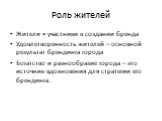 Роль жителей. Жители = участники в создании бренда Удовлетворенность жителей – основной результат брендинга города Богатство и разнообразие города – это источник вдохновения для стратегии его брендинга.