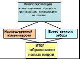 МИКРОЭВОЛЮЦИЯ – эволюционные процессы, протекающие в популяциях на основе. Наследственной изменчивости. Естественного отбора. Итог – образование новых видов