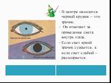 В центре находится черный кружок – это зрачок. Он отвечает за проведение света внутрь глаза. Если свет яркий зрачок сужается, а если свет слабый – расширяется.