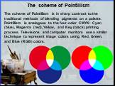 The scheme of Pointillism is in sharp contrast to the traditional methods of blending pigments on a palette. Pointillism is analogous to the four-color CMYK: Cyan (blue), Magenta (red), Yellow, and Key (black) printing process. Televisions and computer monitors use a similar technique to represent i