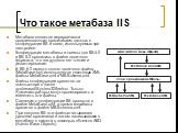 Что такое метабаза IIS. Метабаза является иерархически организованным хранилищем данных о конфигурации IIS и схем, используемых при настройке. Конфигурация метабазы и схемы для IIS 4.0 и IIS 5.0 хранились в файле двоичного формата, что затрудняло его чтение и редактирование. В IIS 6.0 вместо одного 