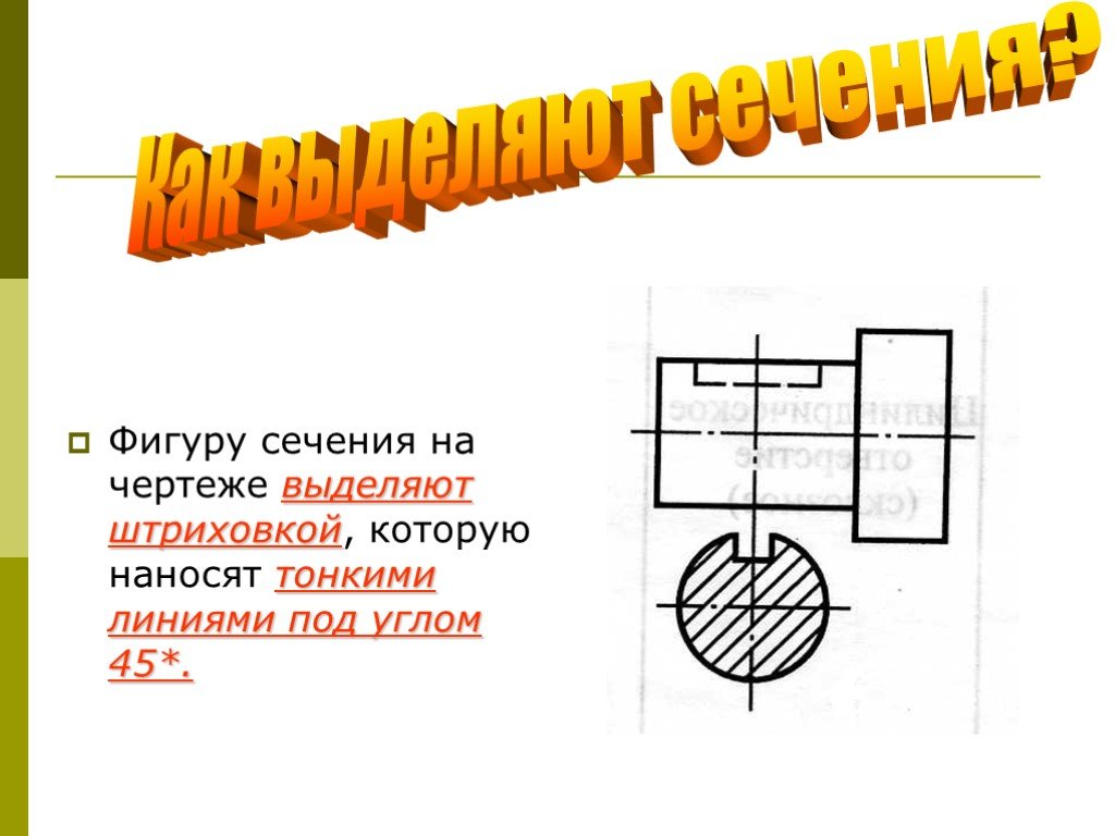 Какие выделяют сечения. Сечение в разрыве детали на чертеже. Сечение черчение. Фигуру сечения на чертеже выделяют штриховкой. Черчение сечение фигуры.