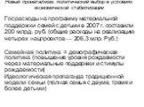 Новый пронатализм: политический выбор в условиях экономической стабилизации Госрасходы на программу материальной поддержки семей с детьми в 2007 г. составили 200 млрд. руб. (общие расходы на реализацию четырех нацпроектов — 206,3 млр. Руб.) Семейная политика = демографическая политика (повышение уро