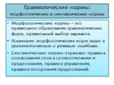 Грамматические нормы: морфологические и синтаксические нормы. Морфологические нормы – это правильное образование грамматических форм, правильный выбор варианта. Искажение морфологических норм ведет к грамматическим и речевым ошибкам. Синтаксические нормы отражают правила согласования слов в словосоч