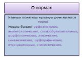 О нормах. Главным понятием культуры речи является норма Нормы бывают орфоэпические, акцентологические, словообразовательные, морфологические, лексические, синтаксические, орфографические, пунктуационные, стилистические.