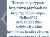 Интернет ресурсы: http://www.physbook.ru http:///po-fizike/3309-mehanicheskie-kolebaniya.html http://elmehanika.elsu.ru/section/meenanical_oscillation.html http://ru.wikipedia.org/wiki/%CA%EE%EB%E5%E1%E0%ED%E8%FF http://images.yandex.ru http://sgoodifink.at.ua/news/2012-09-06 http://translate.google