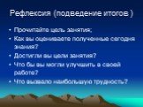 Рефлексия (подведение итогов ). Прочитайте цель занятия; Как вы оцениваете полученные сегодня знания? Достигли вы цели занятия? Что бы вы могли улучшить в своей работе? Что вызвало наибольшую трудность?