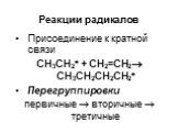 Присоединение к кратной связи СН3СН2 + CH2=CH2 CH3CH2CH2CH2 Перегруппировки первичные  вторичные  третичные