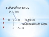 Водородная связь 0,17 нм R - O … H 0,10 нм │ │ ковалентная связь H … O – R