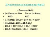 Электролиз раствора NaCl. Раствор NaCl (–) Катод ← Na+ Cl– → (+) Анод H2O H2O (–) Катод: 2H2O + 2ē = H2↑+ 2OH– (+) Анод: 2Cl– – 2ē = Cl2↑ 2H2O + 2Cl– = H2↑ + Cl2↑ + 2OH– 2H2O+2NaCl=H2↑+Cl2↑+ 2NaOH