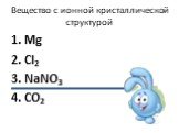 Вещество с ионной кристаллической структурой. 1. Mg 2. Cl2 3. NaNO3 4. CO2