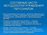 СОСТАВНЫЕ ЧАСТИ МЕТОДОЛОГИИ УПРАВЛЕНИЯ ПЕРСОНАЛОМ. Цели управления персоналом - являются изначальным элементом системы управления персоналом, выполняя организующую, мотивирующую и контролирующую функции Принципы управления персоналом — правила, основные положения и нормы, которым должны следовать ру