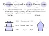 Критерии: средний класс в Казахстане. 1) Самоидентификация - сам человек определяет свой социальный статус и относит себя к той или иной группе, слою, классу – субъективный подход 2004г. 2005г. 12,6% Состоятельные 0,7% 42,7% Средний класс 69% 44,7% Бедные 30,3%