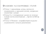 Сравнение рассмотренных статей. Статья 1: взаимосвязь между ценами на недвижимость и арендной платой, построение индикатора пузыря Статья 2 и 4: тестирование рынка на наличие пузыря (метод коинтеграции , regime-switching model) Статья 3: Влияние макрофакторов на рынок недвижимости (модель равновесия