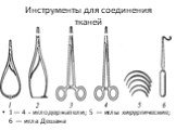 Инструменты для соединения тканей. 1— 4 - иглодержатели; 5 — иглы хирургические; 6 — игла Дешана