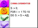 СУММА ЭЛЕМЕНТОВ. S := 0; FOR I := 1 TO 10 DO S := S + A[I];