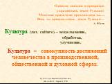 О светло светлая и прекрасно украшенная, земля Русская! Многими красотами прославлена ты…. Всем ты преисполнена, земля Русская… А. Югов. Культура (лат. culture) – возделывание, обработка, улучшение. Культура – совокупность достижений человечества в производственной, общественной и духовной сферах.