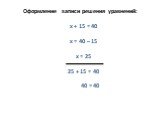 Оформление записи решения уравнений: х + 15 = 40 х = 40 – 15 х = 25 25 + 15 = 40 40 = 40