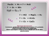 Проверь свои знания: Составить уравнения реакций, вместо знака «?» дописать недостающую химическую формулу. Ответ приведите в виде суммы коэффициентов во всех уравнениях. HgO = O2 + ? Fe2O3 + H2 = ? + Н2О ? + О2 = SO2 1. 2. ? + HCl = MgCl2 + H2 ? + О2 = Al2О3 ? + Cl2 = CuCl2 9,3,5. 5,9,3.