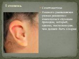 Симптоматика Немного уменьшенная ушная раковина с имеющимся слуховым проходом, который, однако, несколько уже, чем должен быть в норме. I степень
