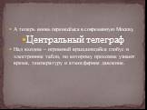 А теперь вновь перенесёмся в современную Москву. Центральный телеграф Над входом – огромный вращающийся глобус и электронное табло, по которому прохожие узнают время, температуру и атмосферное давление.
