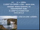 А.) 1т = 1000л. 1)1000*18=18000г.=18кг.- масса соли, которую можно получить из черноморской воды. 2) 1000*42=42000=42кг. 3)42/18=2,3. Б.)250/10=25кг.=25000г.