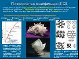 Полиморфные модификации SiO2. Структуры и кристаллы некоторых полиморфных модификаций кремнезема. а—кварц тригональный и гексагональный; 6—тридимит; в — коэсит. Четыре главные формы: кварц, тридимит, кристобалит и коэсит. Наиболее высоко барическая модификация кремнезема — стишовит, образующийся при