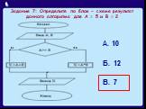Задание 7: Определите по блок - схеме результат данного алгоритма для А = 5 и В = 2. А. 10 Б. 12 В. 7