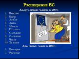 Расширение ЕС. Десять новых членов в 2004: Венгрия Кипр Латвия Литва Мальта Польша Словакия Словения Чехия Эстония Два новых члена в 2007: Болгария Румыния