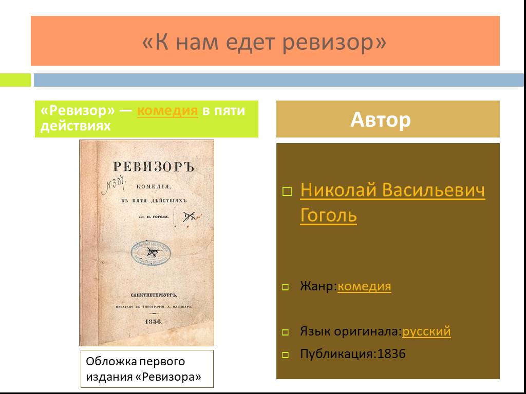 Ревизор жанр. Гоголь Ревизор первое издание 1836. К нам едет Ревизор. Ревизор обложка первого издания. Ревизор комедия в пяти действиях.