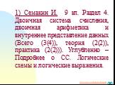 1) Семакин И. 9 кл. Раздел 4. Двоичная система счисления, двоичная арифметика и внутреннее представление данных (Всего (3(4)), теория (2(2)), практика (2(2))). Углубленно – Подробнее о СС. Логические схемы и логические выражения.