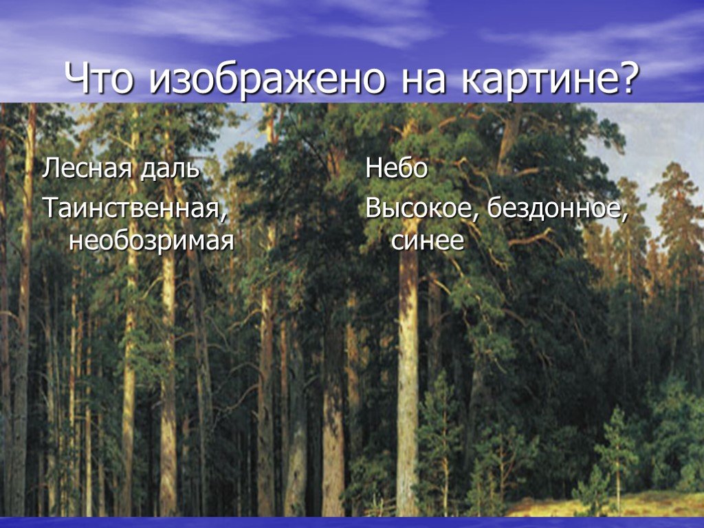 Сочинение по картине лес. Что изображено на картине. Презентация по картине Шишкина Корабельная роща. Сочинение по картине Лесные дали Шишкин. Сочинение на тему Лесные дали.