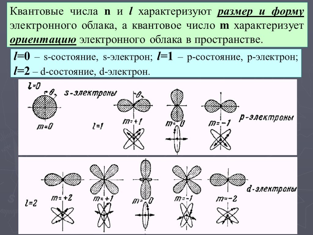 Ориентация орбиталей в пространстве. Размер электронного облака характеризует квантовое число. Форму электронного облака характеризует. Ориентация электронного облака в пространстве. Электронное облако: форма и ориентация в пространстве..